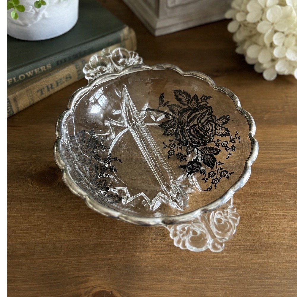 Vintage Silver City Glass Divided Candy Dish Floral Rose Scalloped Bowl 7in